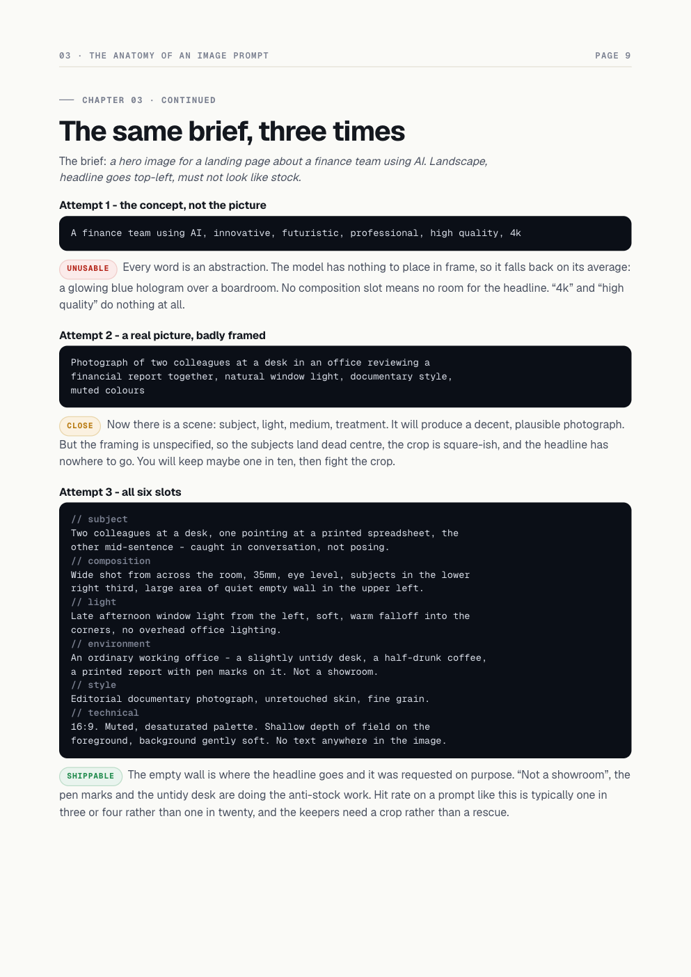 Page 9: one image brief written three ways, from an unusable prompt to a shippable one, each annotated.