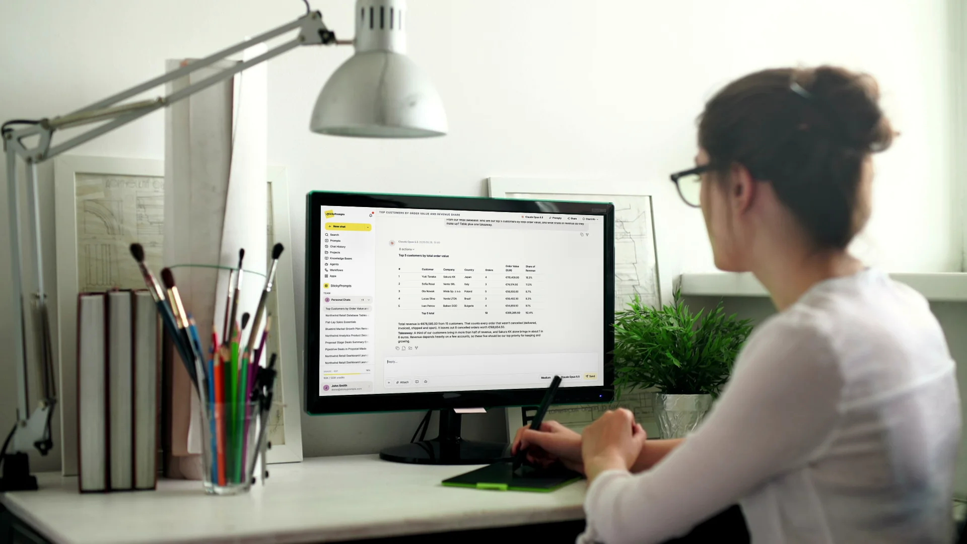 A woman at her desk monitor, a StickyPrompts database answer on screen