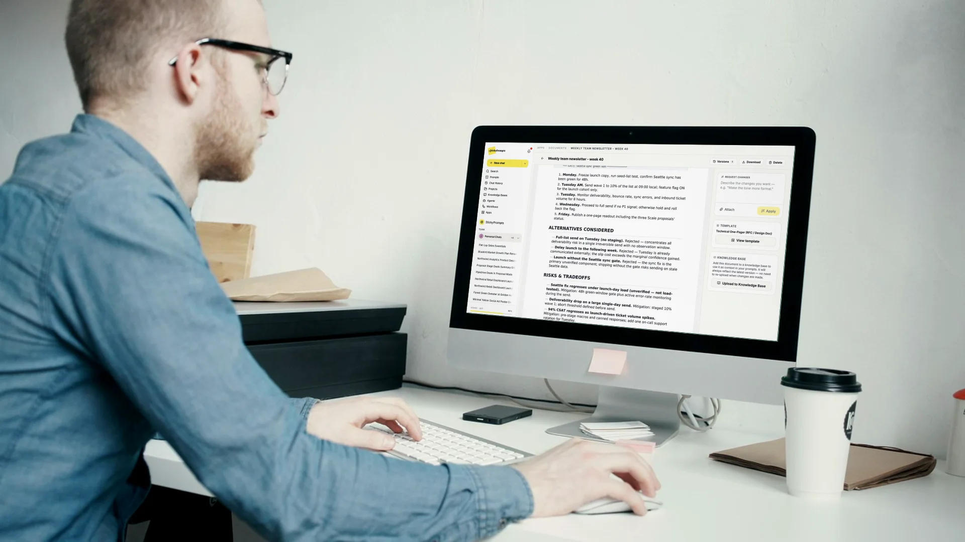 A man at an iMac in a bright office, a document being written in StickyPrompts