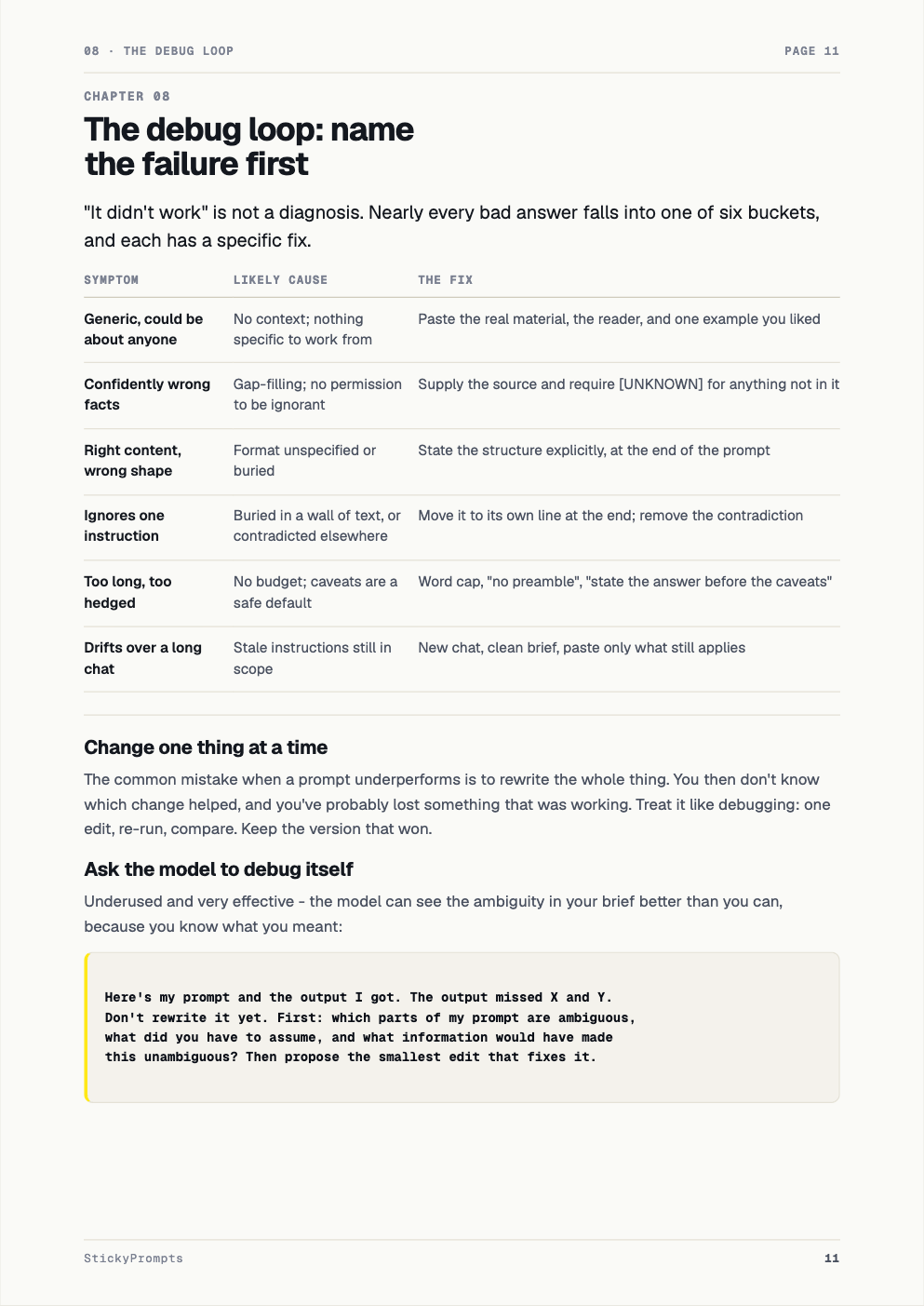 Page 11: a table mapping each symptom of a bad answer to its likely cause and fix.