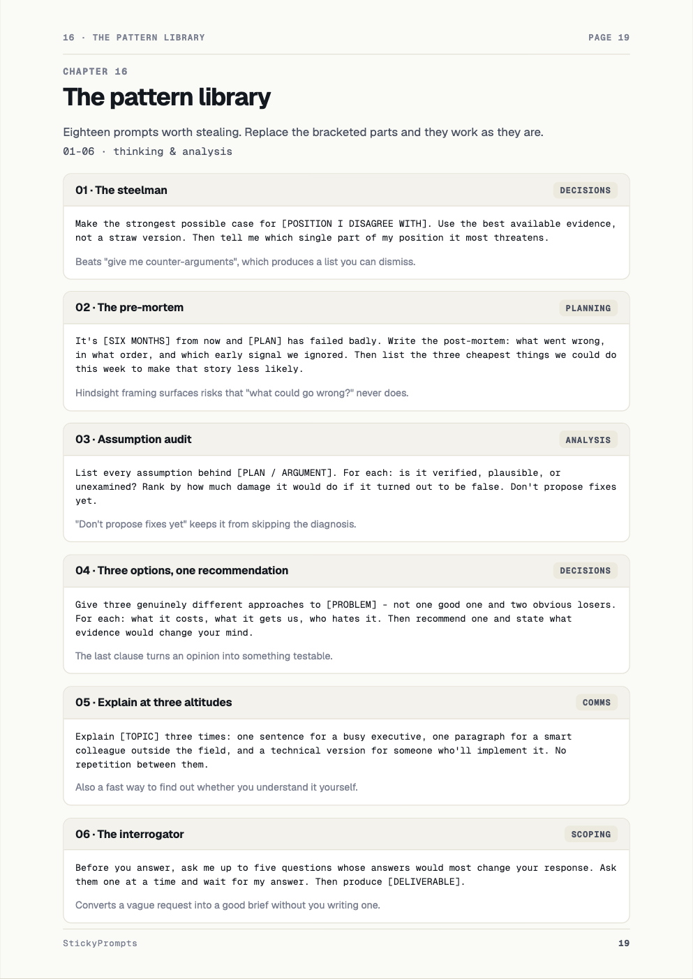 Page 19: copy-and-paste prompt patterns with a note on why each works.