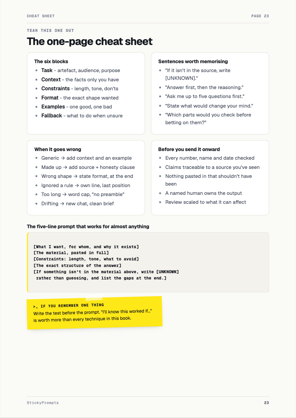 Page 23: the one-page cheat sheet summarising the whole playbook.