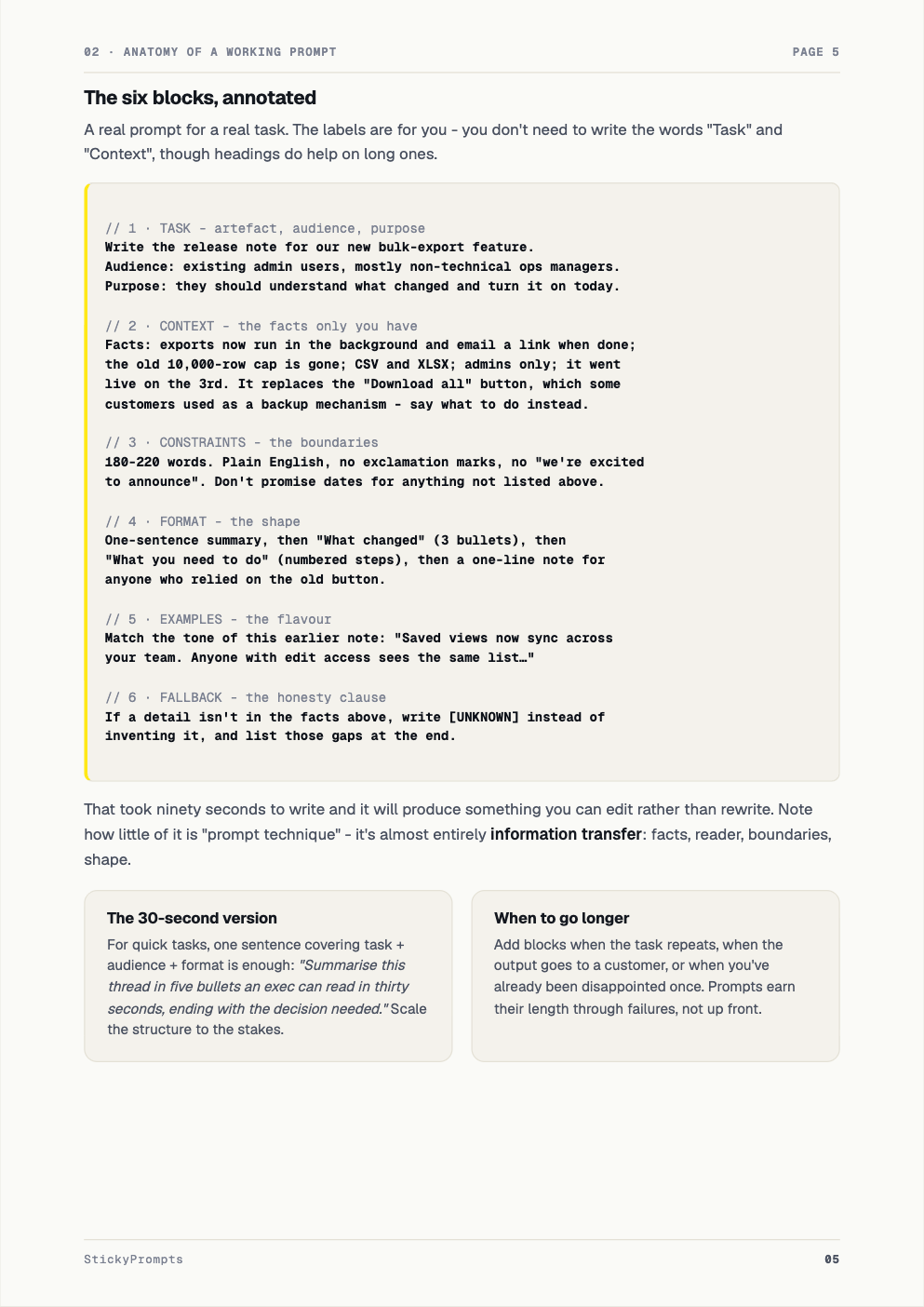 Page 5 of the playbook: a full prompt broken into six labelled blocks.